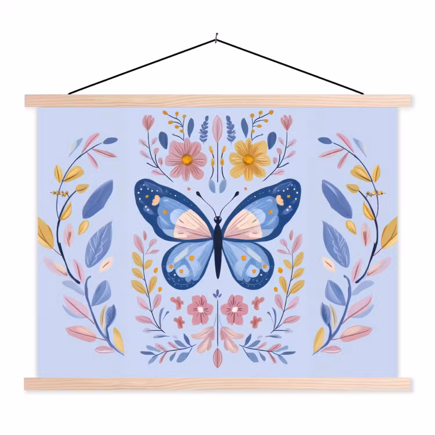Vlinder - Lichtblauw - Sierlijk - Bloemen textielposter latten blank klein -3d