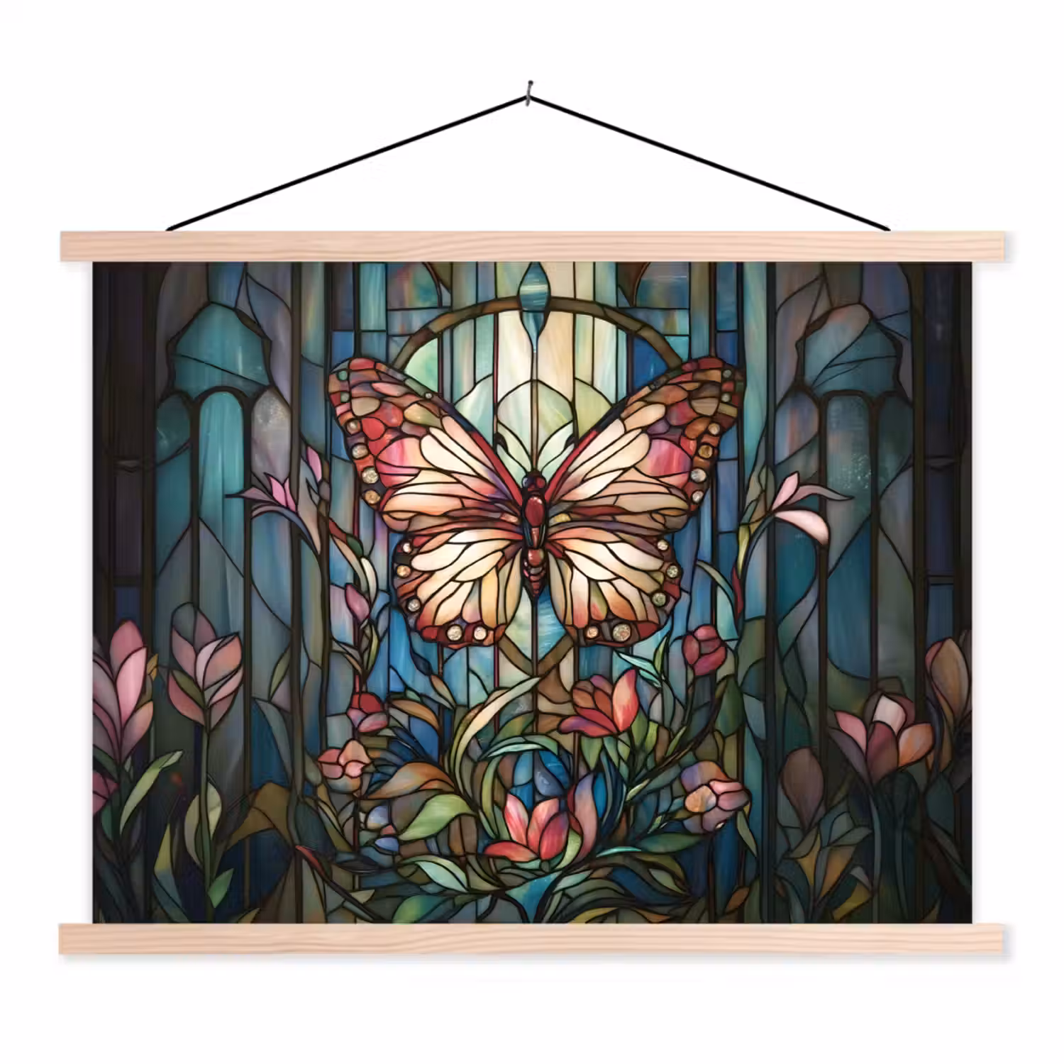 Vlinder - Roze - Bloemen - Bladeren textielposter latten blank klein -3d