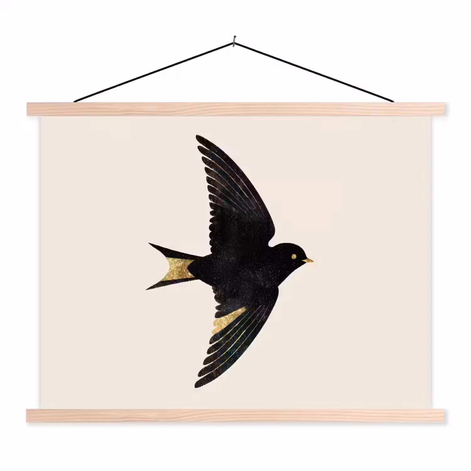 Zwarte zwaluw - Gouden accenten - Lichte achtergrond textielposter latten blank klein -3d