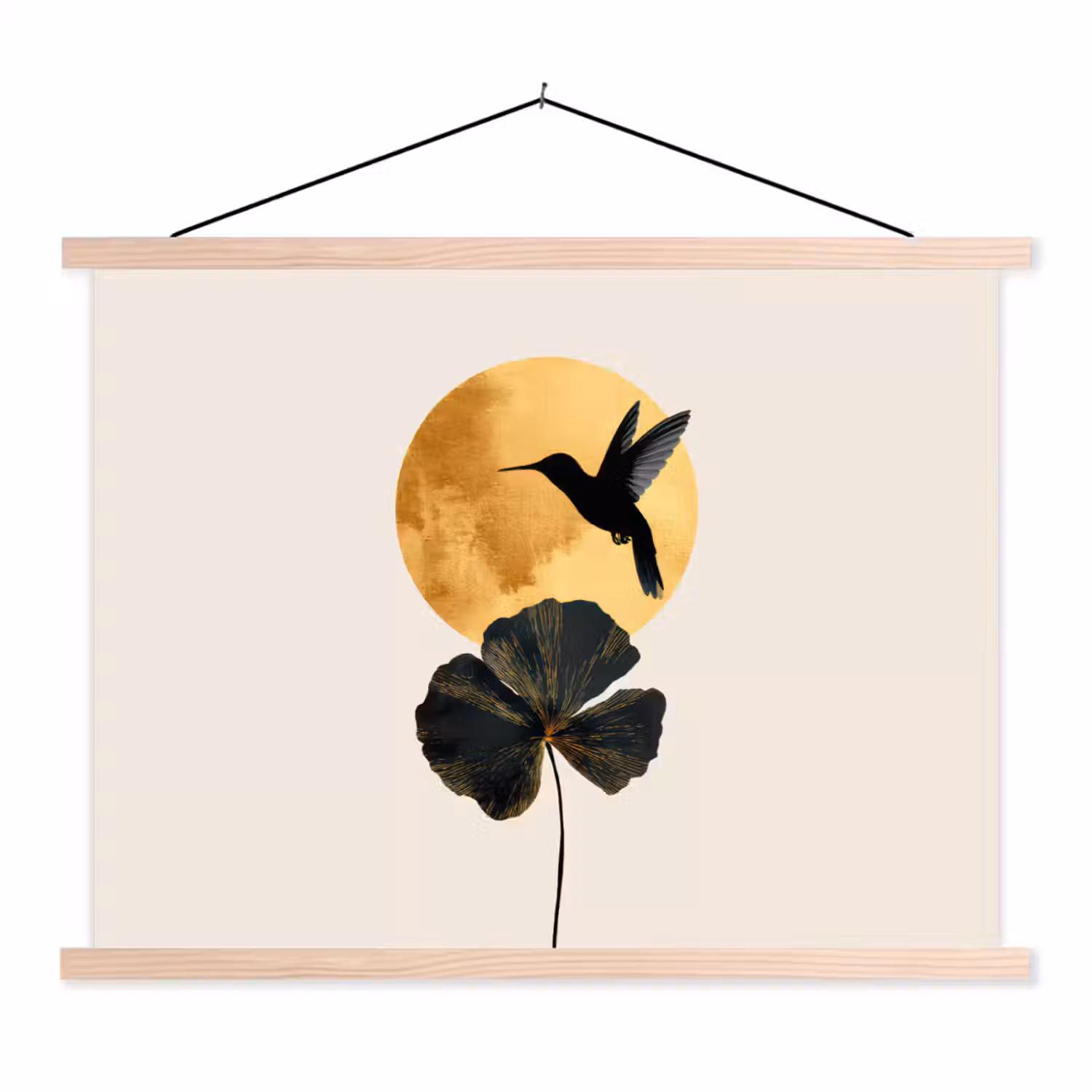 Zwarte kolibrie - Bloem - Gouden cirkel textielposter latten blank klein -3d