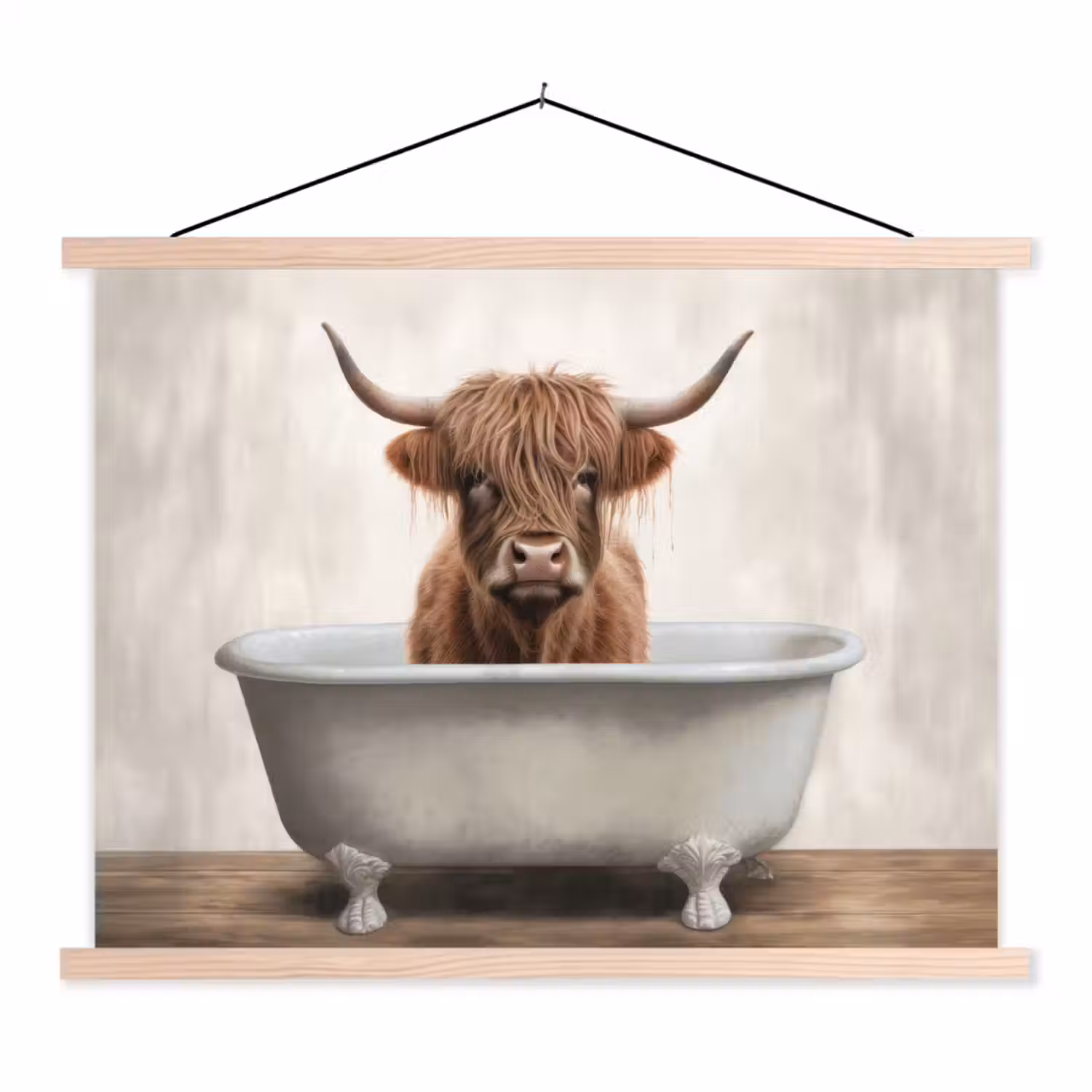 Schotse hooglander - Bad - Badkamer - Badkuip - Bruin - Horens textielposter latten blank klein -3d