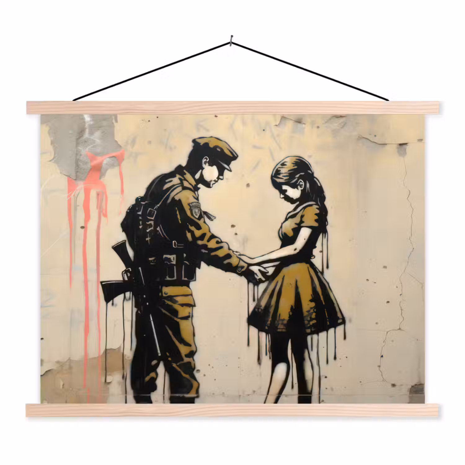 Soldaat - Meisje - Bruin - Graffiti textielposter latten blank klein -3d