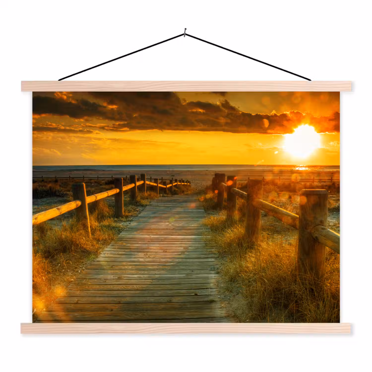 Zon - Strand - Duin - Horizon - Gras - Pad - Oranje textielposter latten blank klein -3d