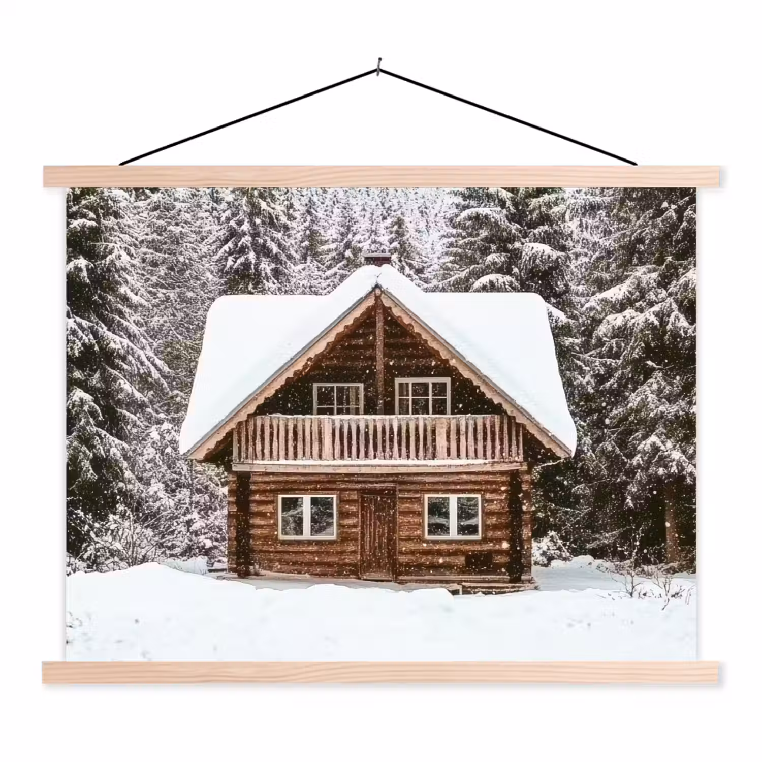 Huis - Bos - Winter - Natuur - Sneeuw textielposter latten blank klein -3d