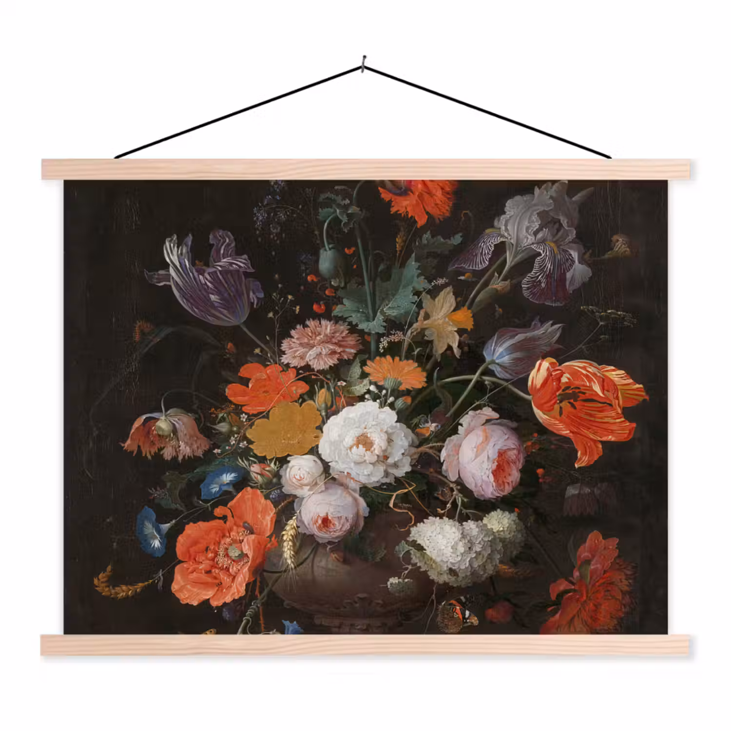 Stilleven met bloemen en een horloge - Schilderij van Abraham Mignon textielposter latten blank klein -3d