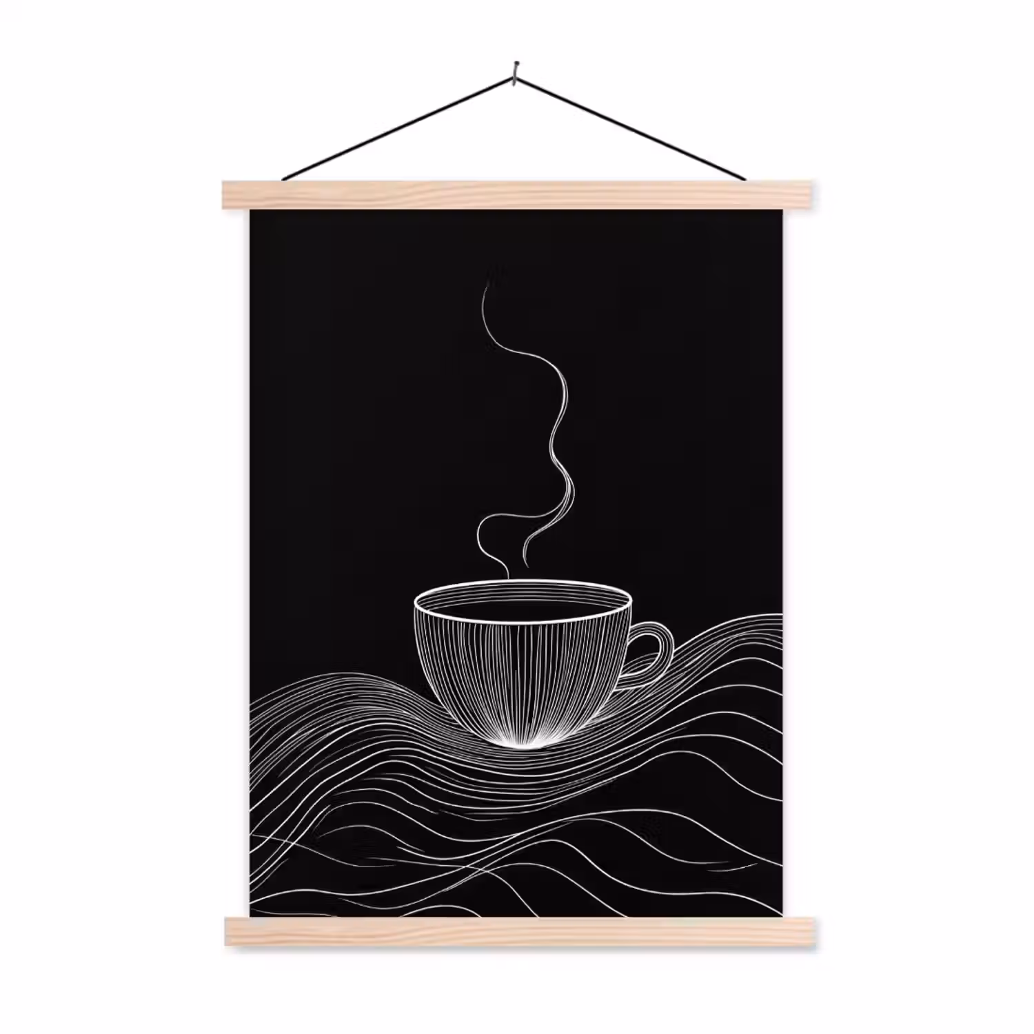 Lijntekening - Koffiekop - Zwart textielposter latten blank klein -3d