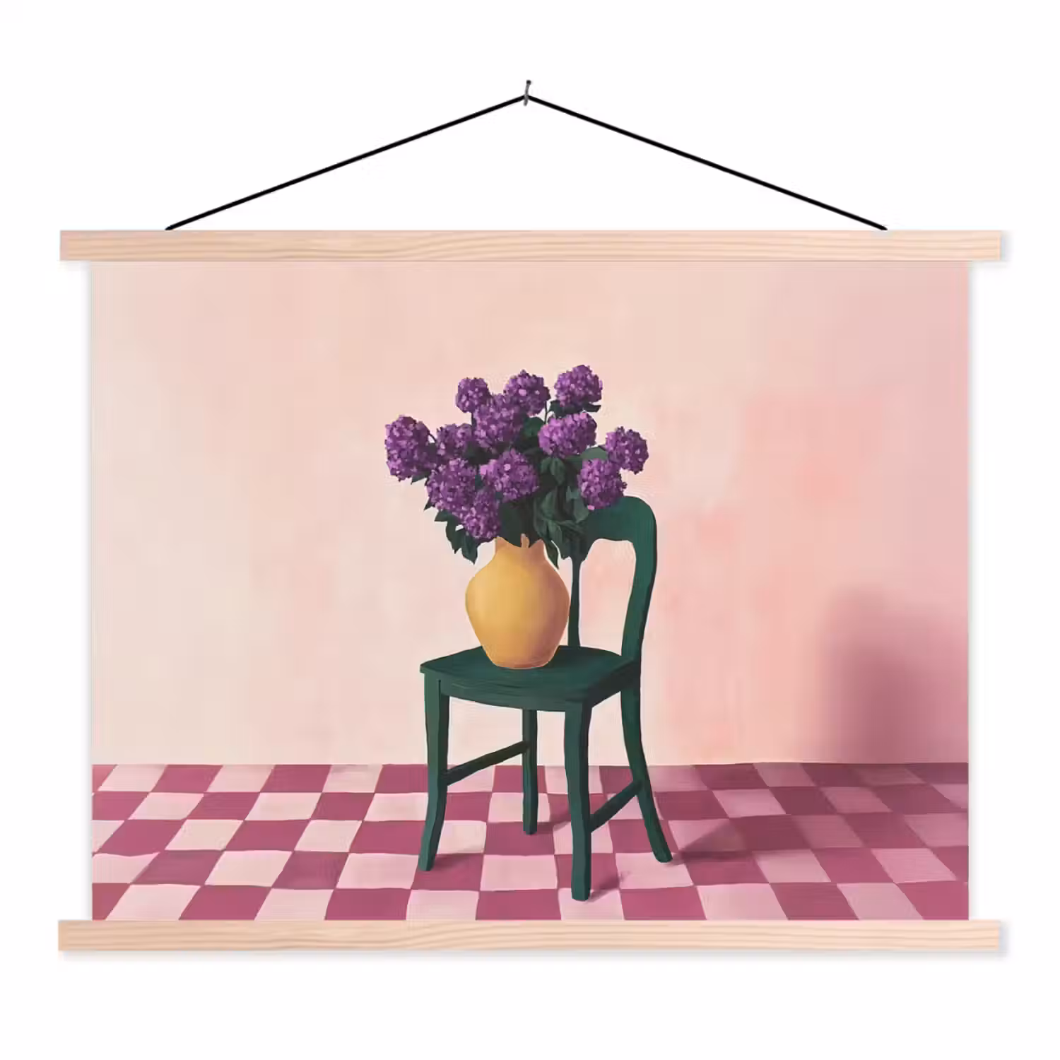Stoel - Vaas - Bloemen - Geblokt textielposter latten blank klein -3d