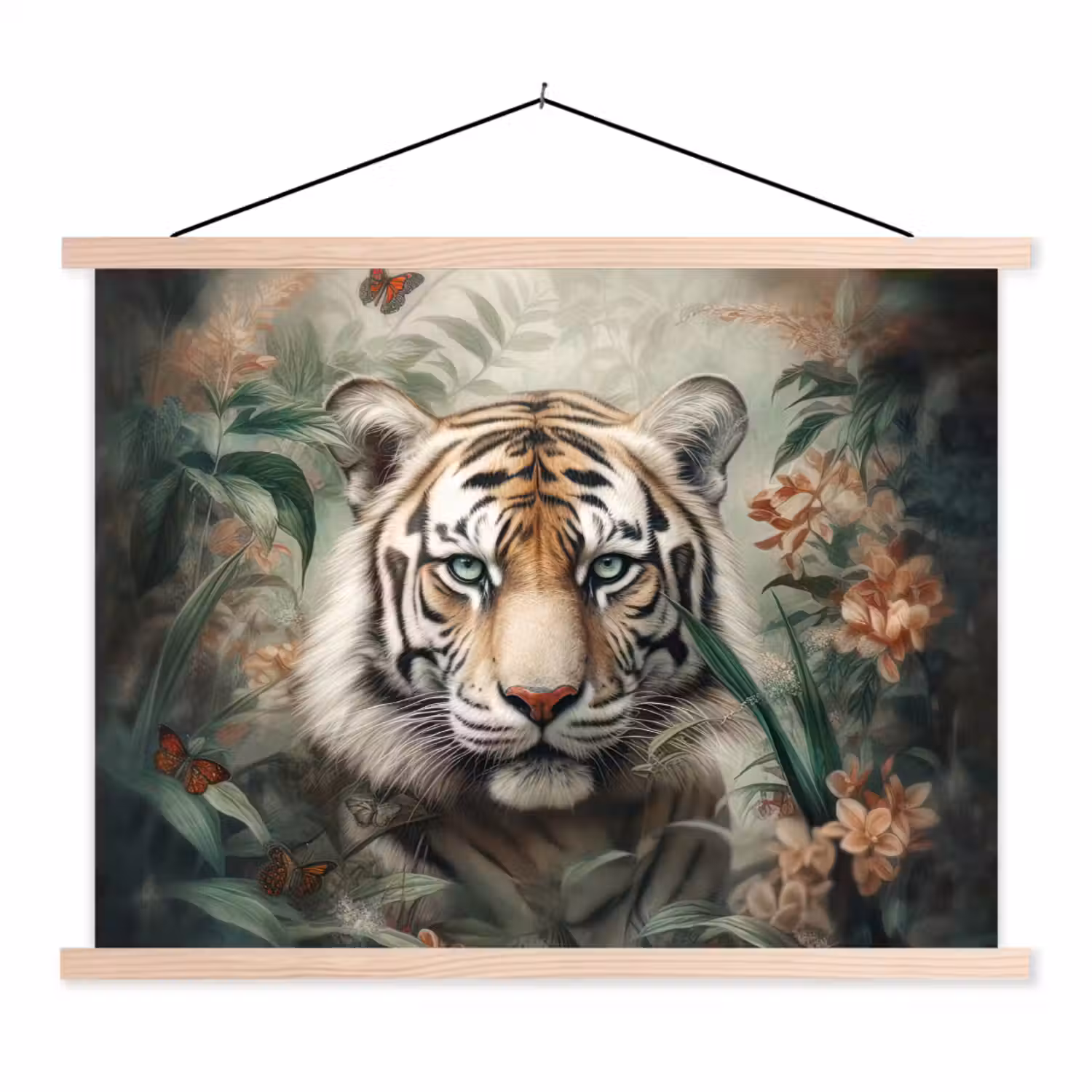 Tijger - Vlinders - Dieren - Jungle - Bloemen textielposter latten blank klein -3d