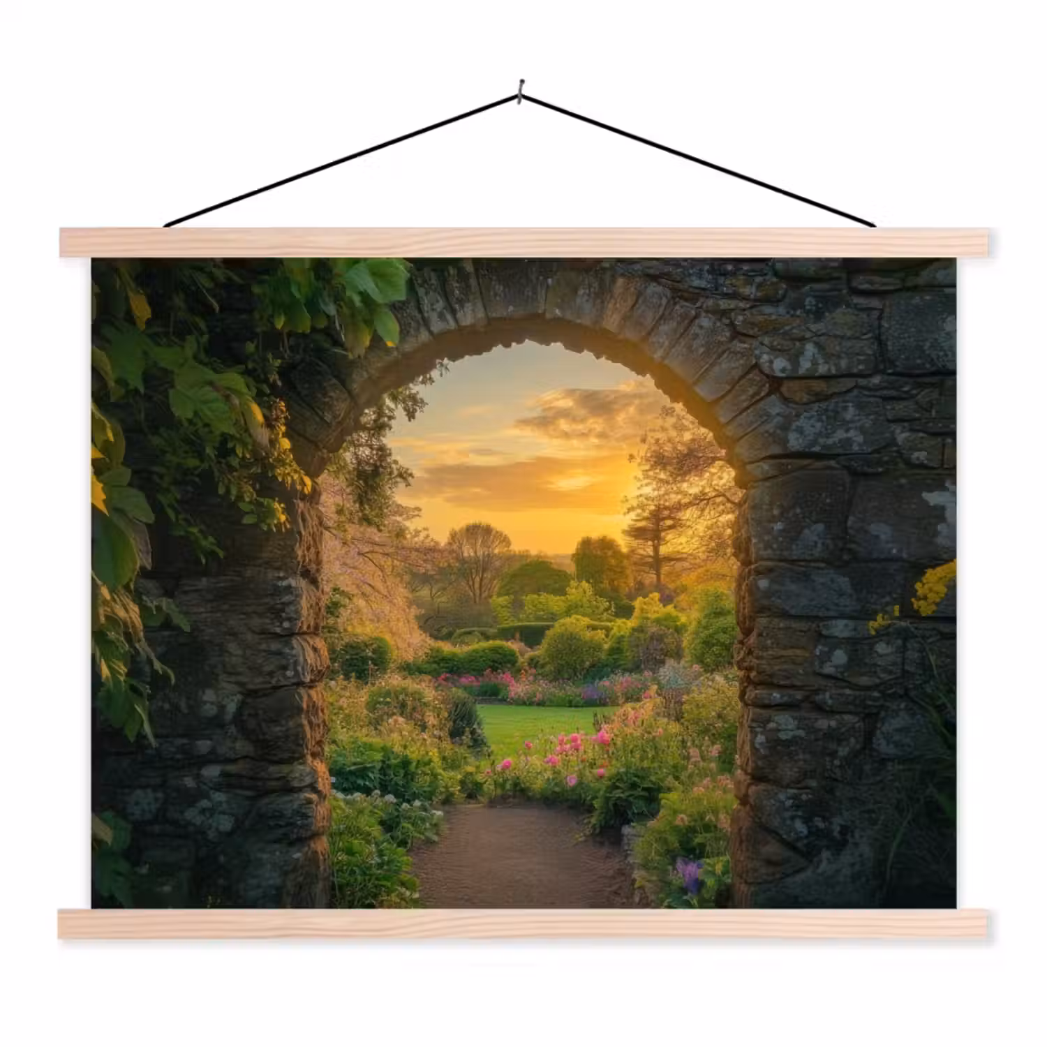 Poort - Planten - Zonsondergang textielposter latten blank klein -3d