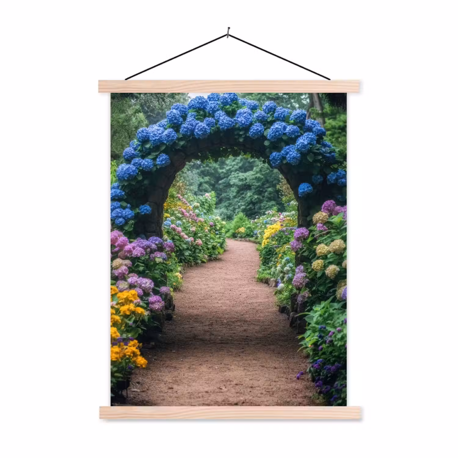 Doorkijk - Bloemen - Hortensia - Pad textielposter latten blank klein -3d
