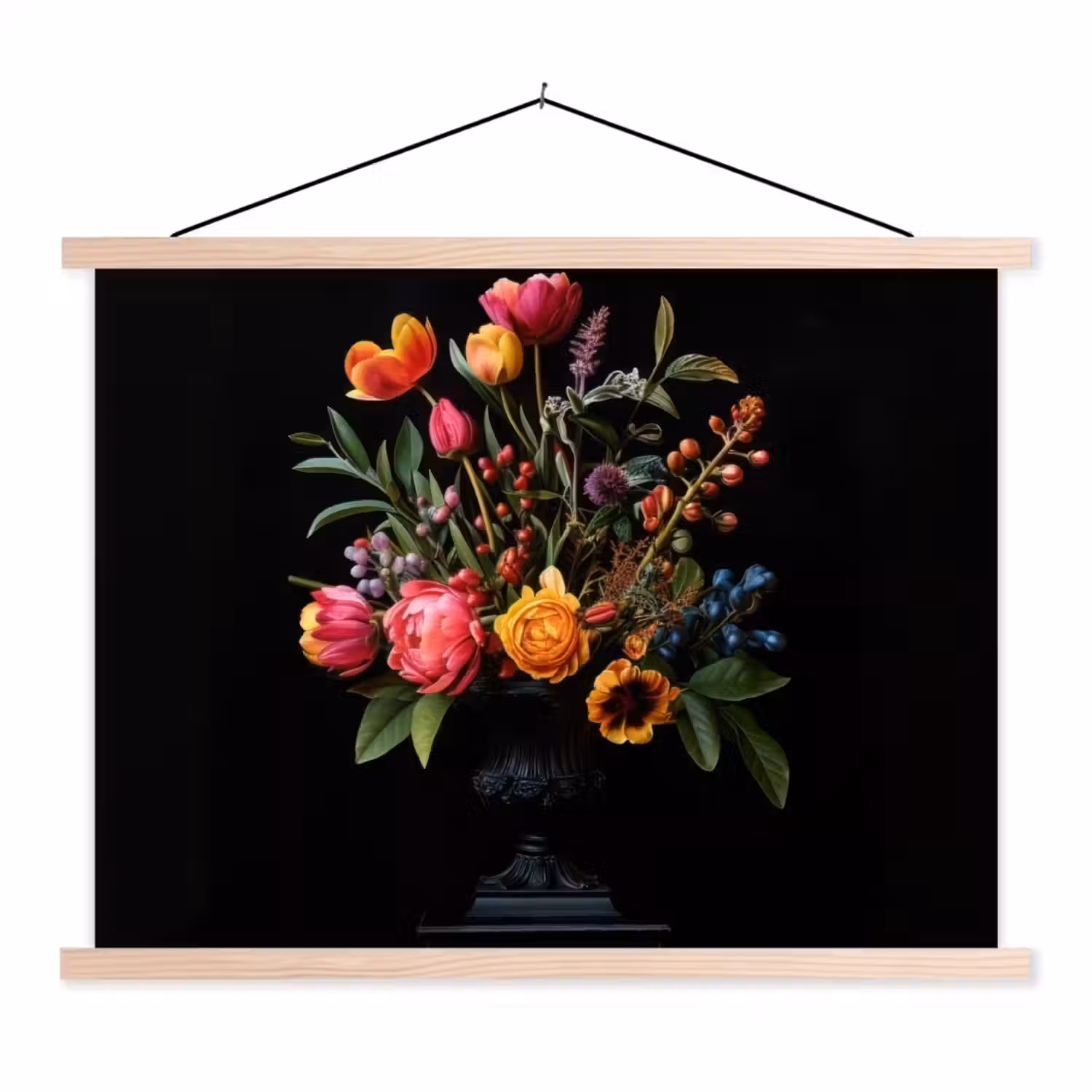 Tulpen - Bessen - Boeket - Vaas textielposter latten blank klein -3d