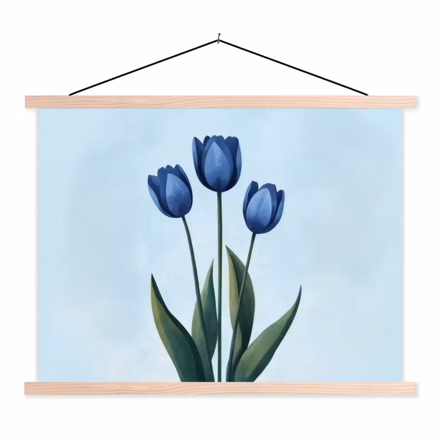 Tulpen - Blauw - Bladeren textielposter latten blank klein -3d