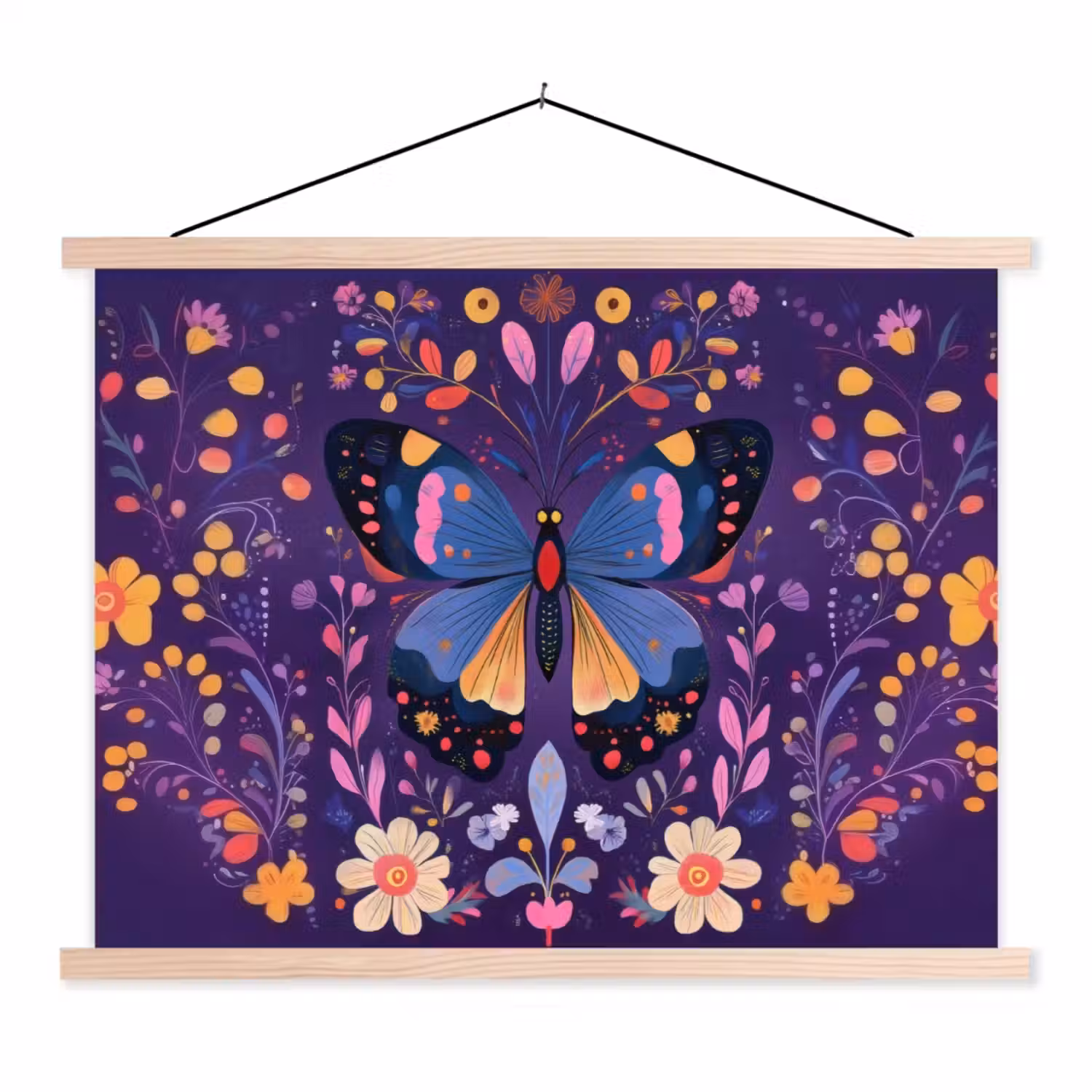 Sierlijk - Bloemen - Vlinder - Paars textielposter latten blank klein -3d