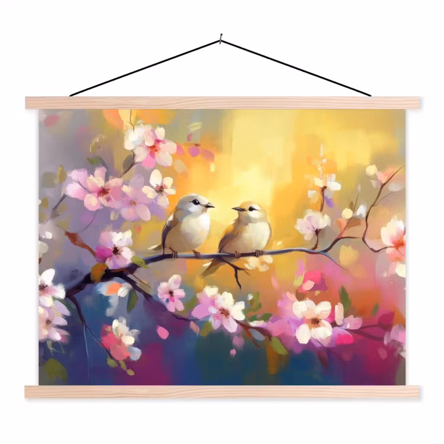 Vogels - Bloemen - Roze textielposter latten blank klein -3d