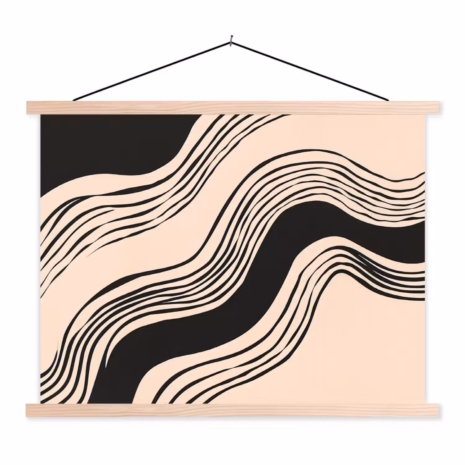 Golven - Zwart - Zandkleur textielposter latten blank klein -3d