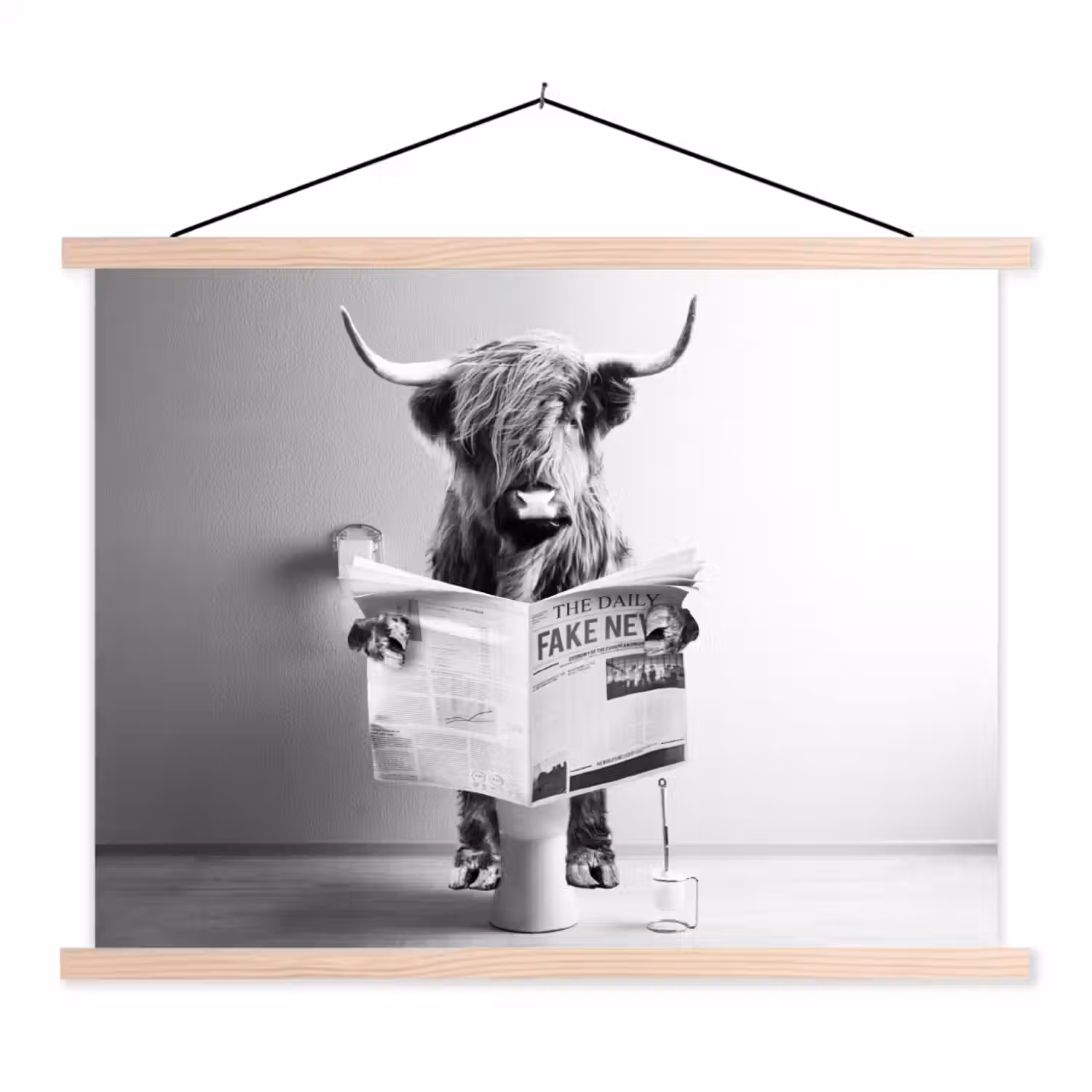 WC - Toilet - Krant - Schotse Hooglander - Zwart Wit textielposter latten blank klein -3d