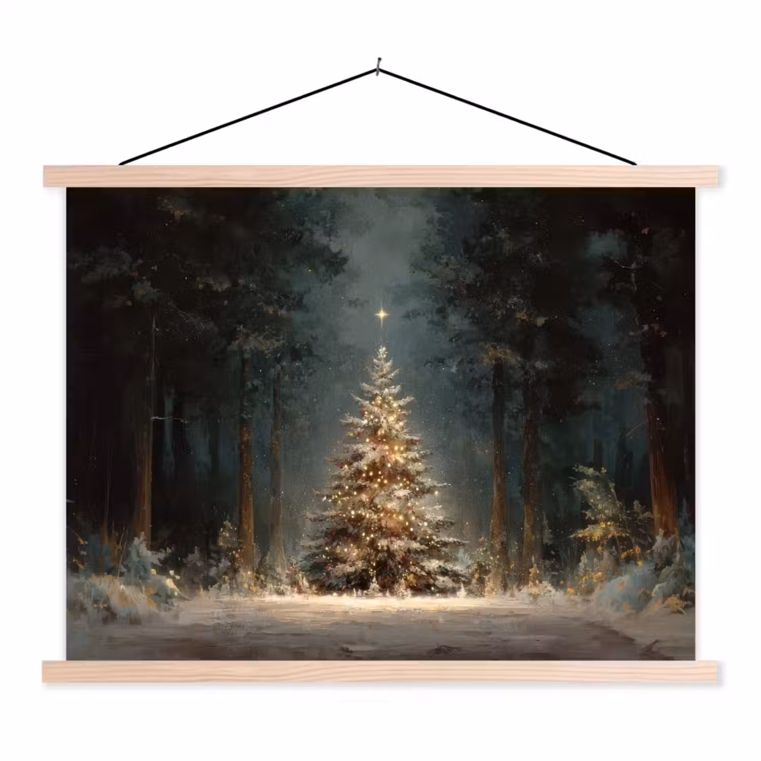 Kerstboom - Bos - Sneeuw - meerkleurig textielposter latten blank klein -3d