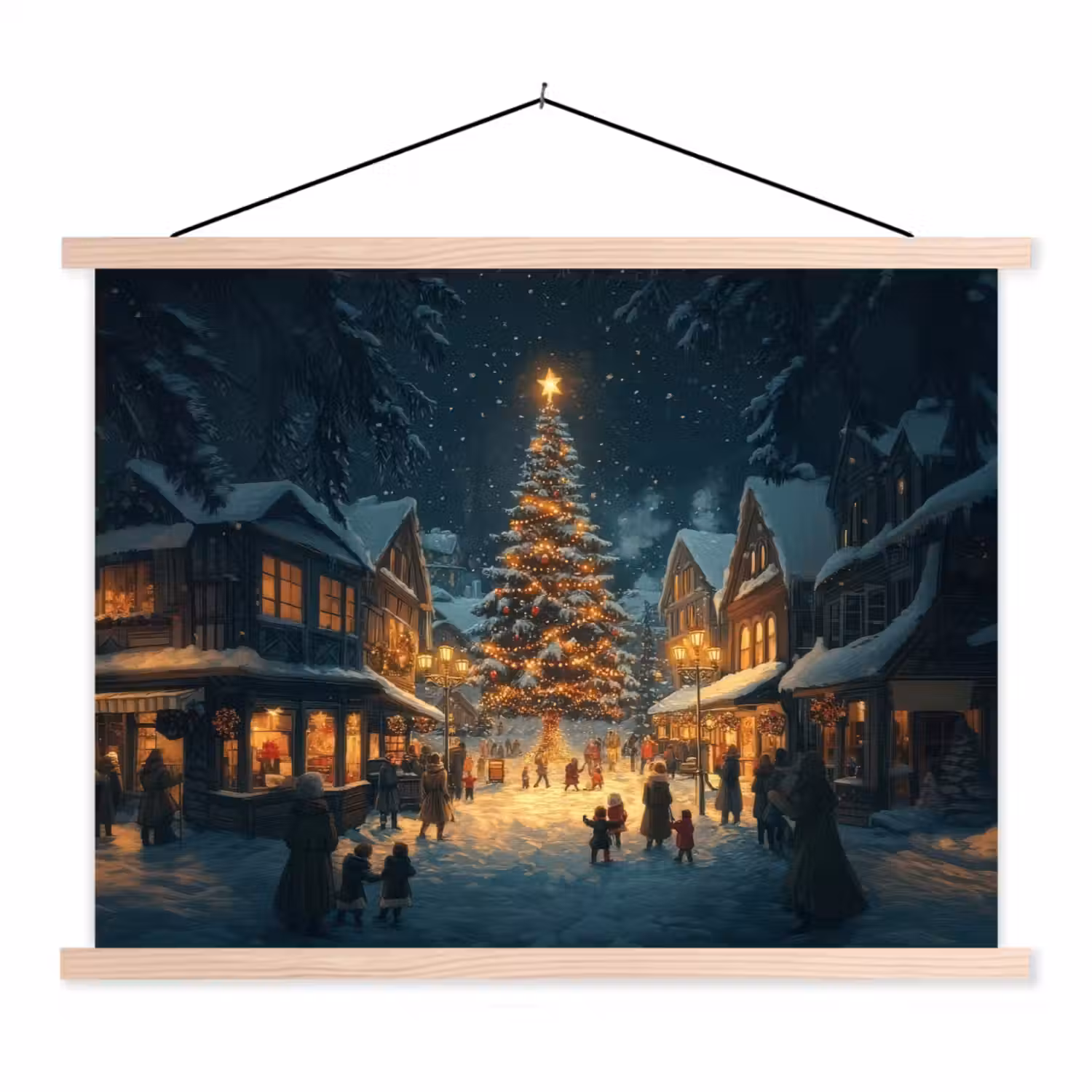 Kerstfeest - Dorp - Donker textielposter latten blank klein -3d