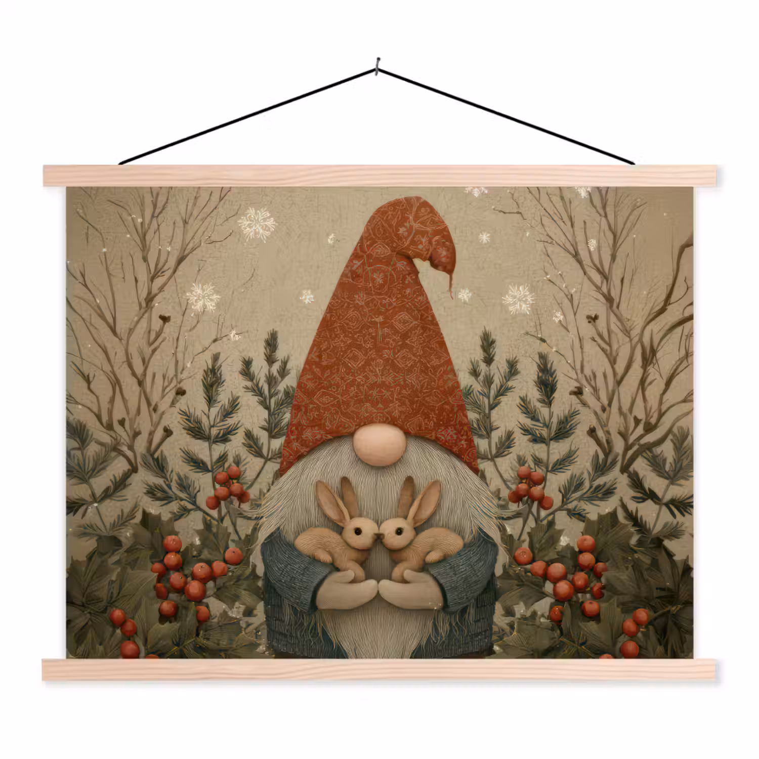 Kerstgnome - Konijntjes - Kleurrijk textielposter latten blank klein -3d