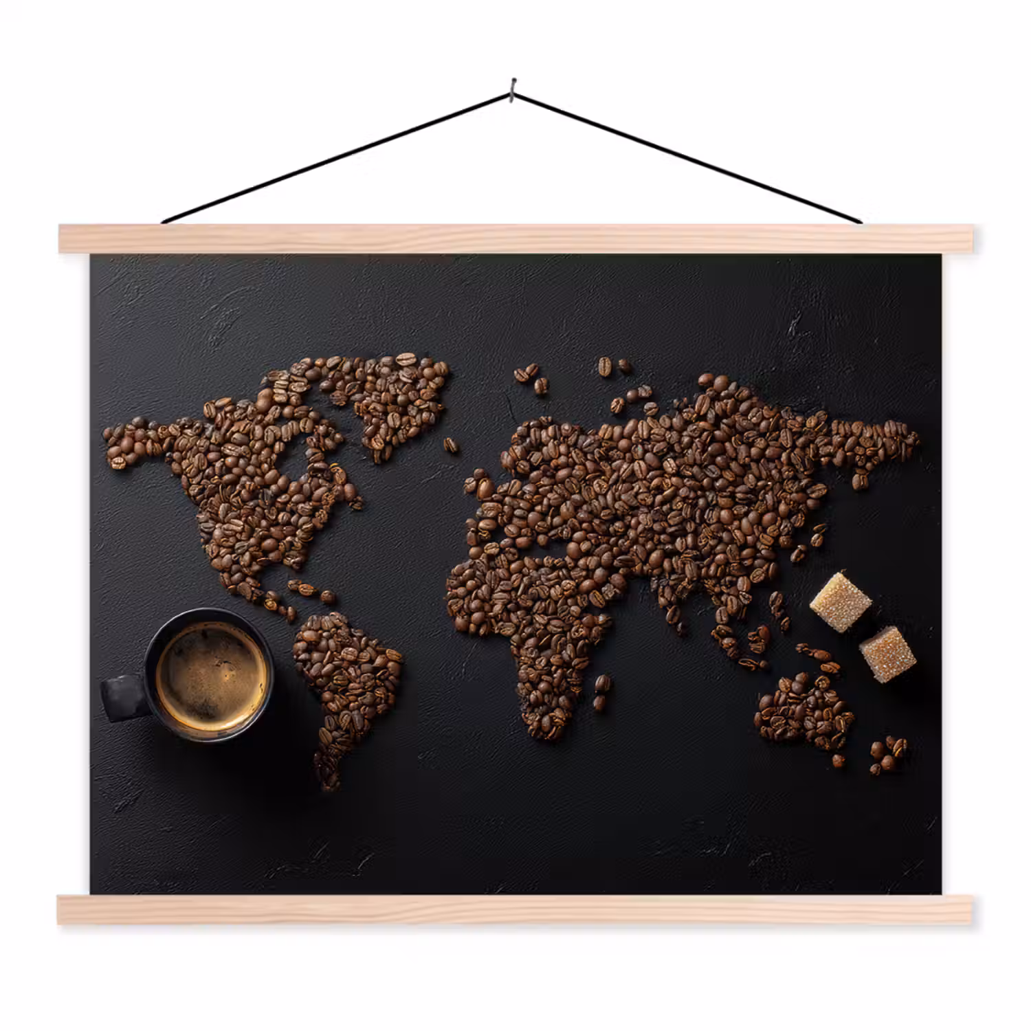 Wereldkaart - Espresso - Zwart textielposter latten blank klein -3d
