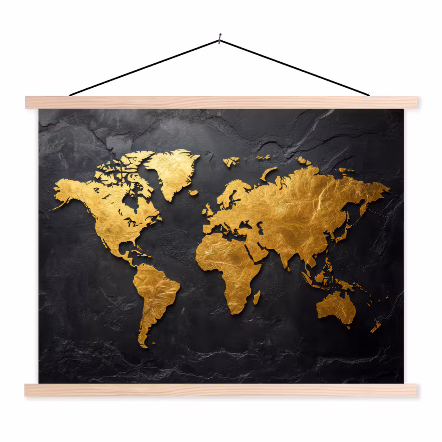 Wereldkaart - Goud - Steen textielposter latten blank klein -3d