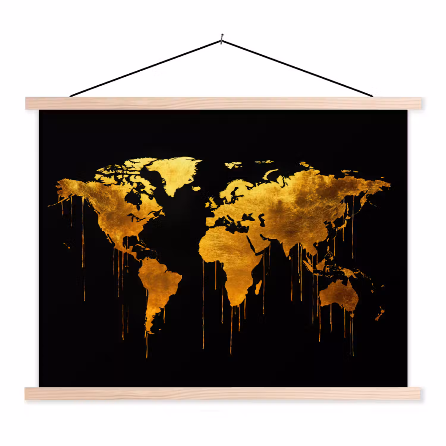 Wereldkaart - Goud - Druipen - Zwart textielposter latten blank klein -3d