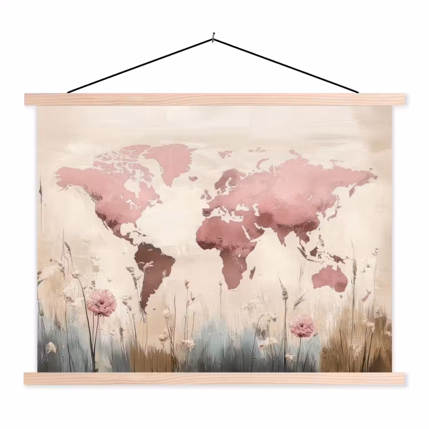 Wereldkaart - Roze - Bloemen textielposter latten blank klein -3d