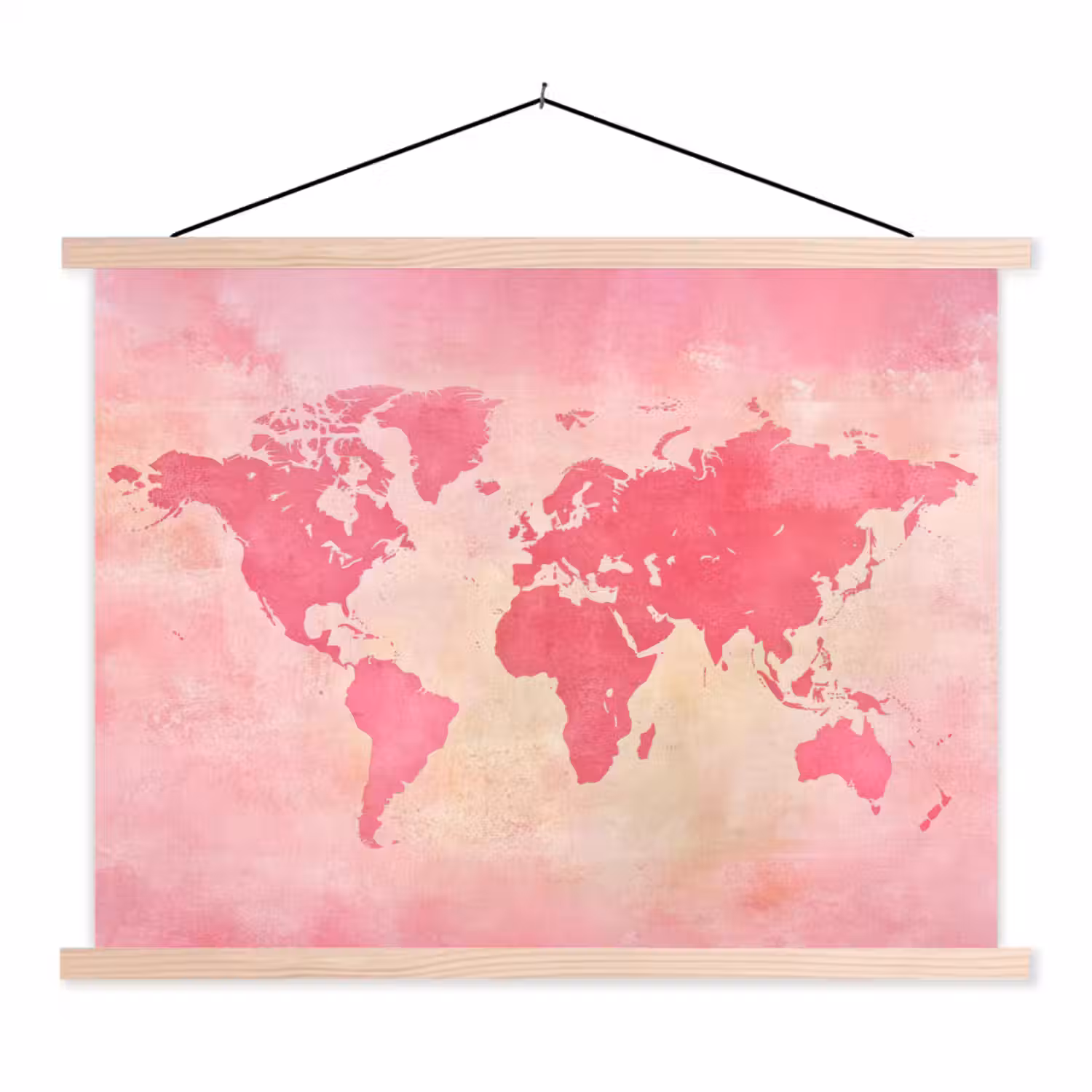 Wereldkaart - Roze - Vaag textielposter latten blank klein -3d