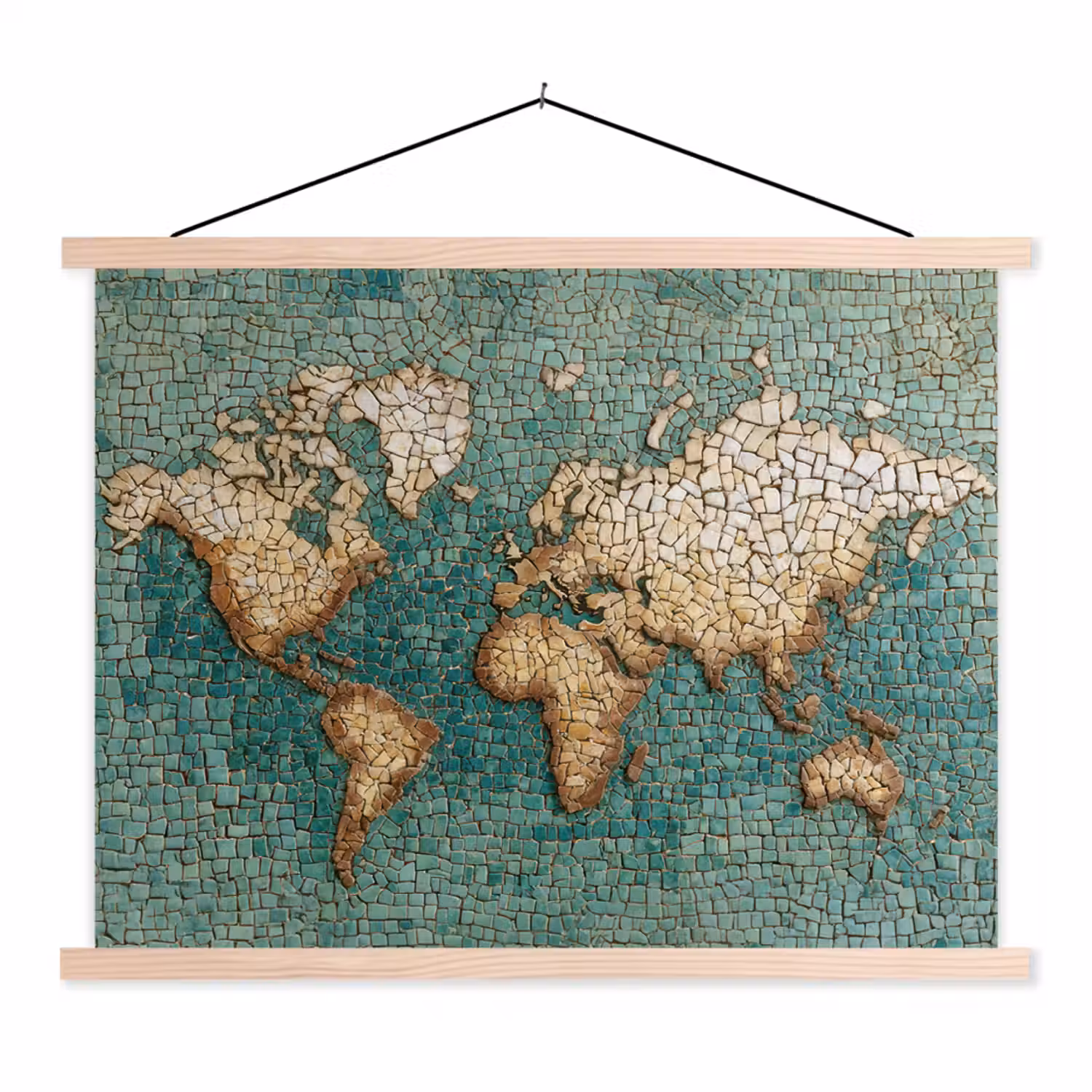 Wereldkaart - Gebroken tegels - Mozaïek textielposter latten blank klein -3d