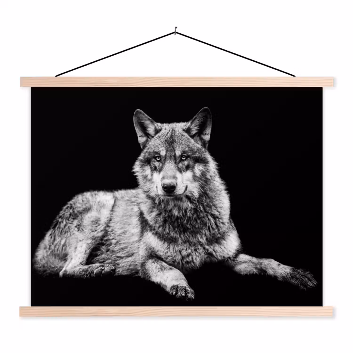 Wilde dieren - Wolf - Zwart - Wit textielposter latten blank klein -3d