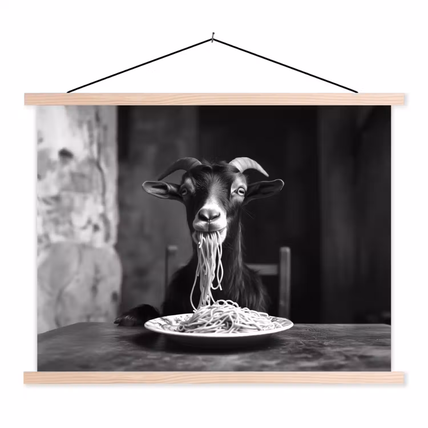 Geit - Bord - Spaghetti - Zwart Wit textielposter latten blank klein -3d