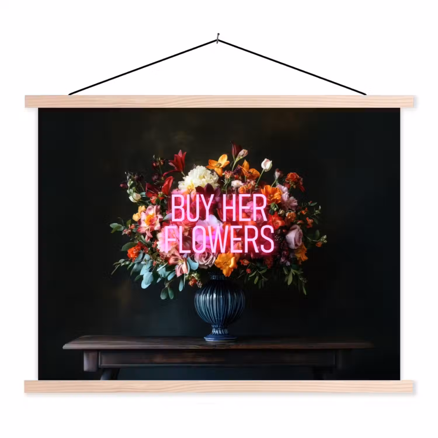 Quote - Bloemen - Vaas - Neon textielposter latten blank klein -3d