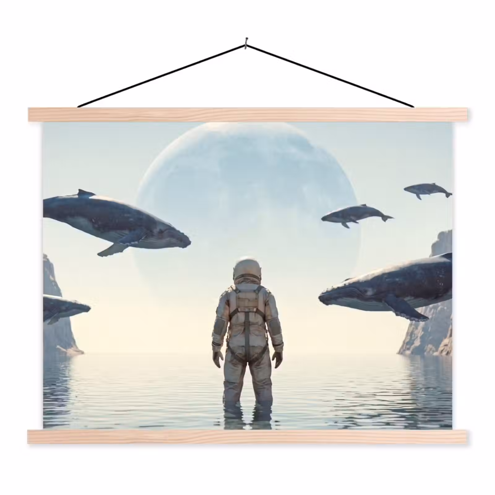 Stoffbild - Astronaut – Wal – Fantasie - Ruimtevaarder - Walvis - Fantasie textielposter latten blank klein