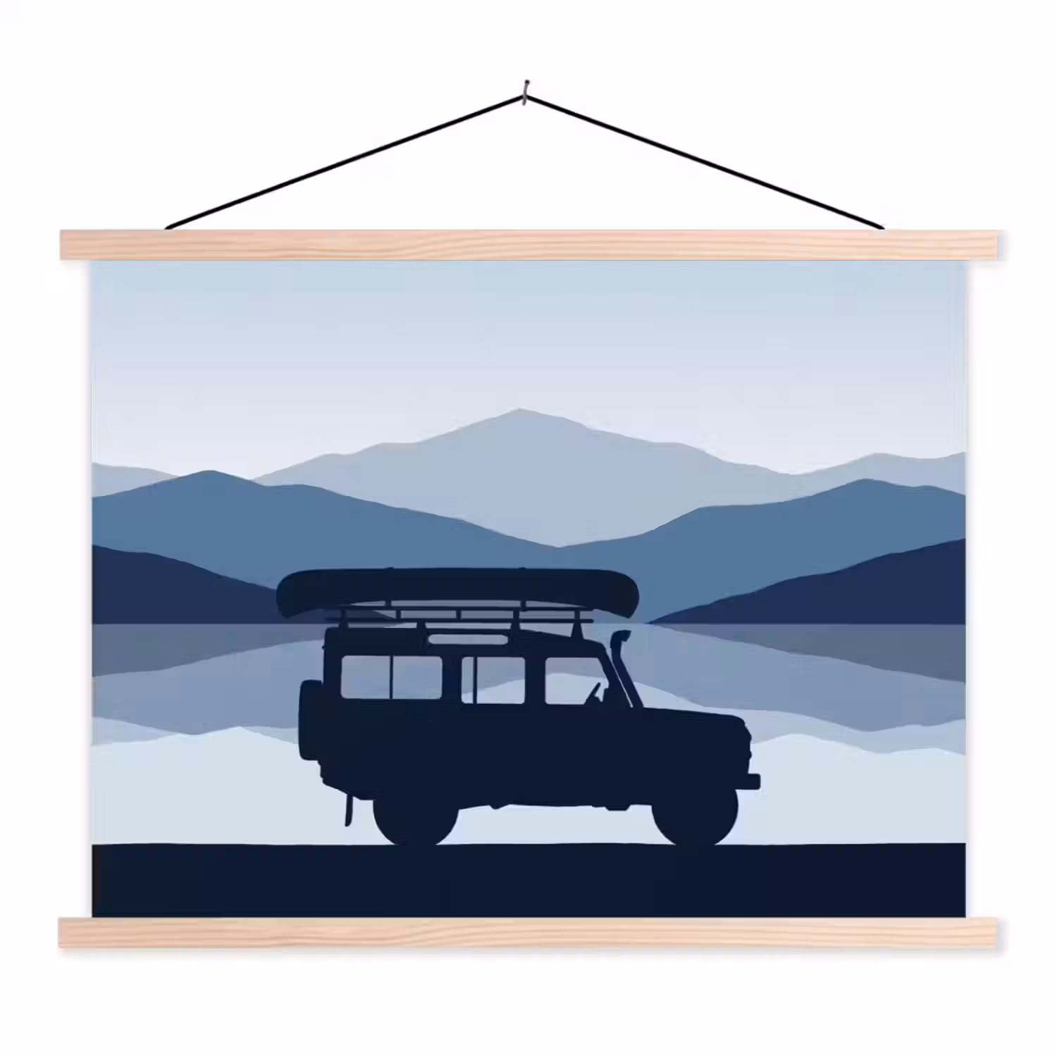 Auto - Meer - Bergen - Blauw textielposter latten blank klein -3d