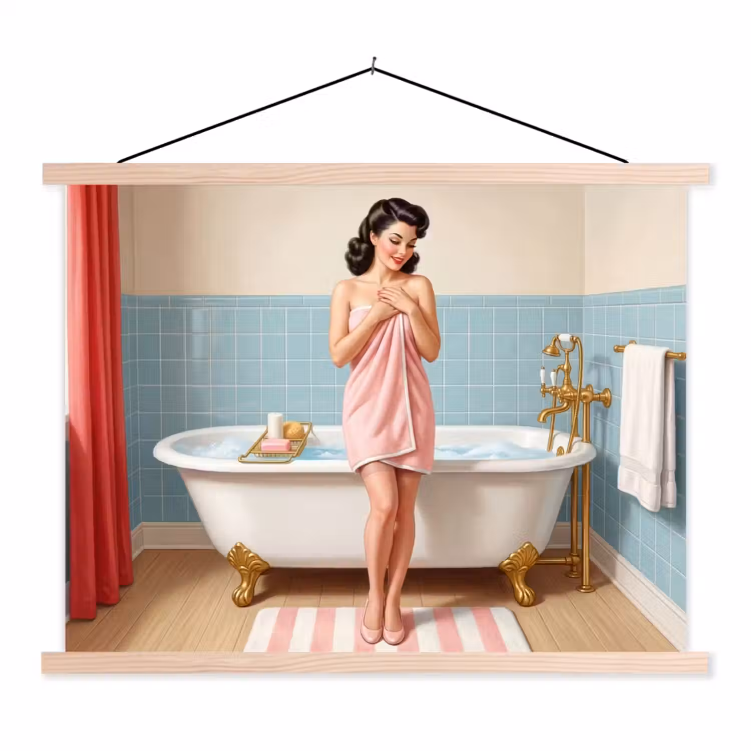 Badkamer - Vrouw - Roze textielposter latten blank klein -3d