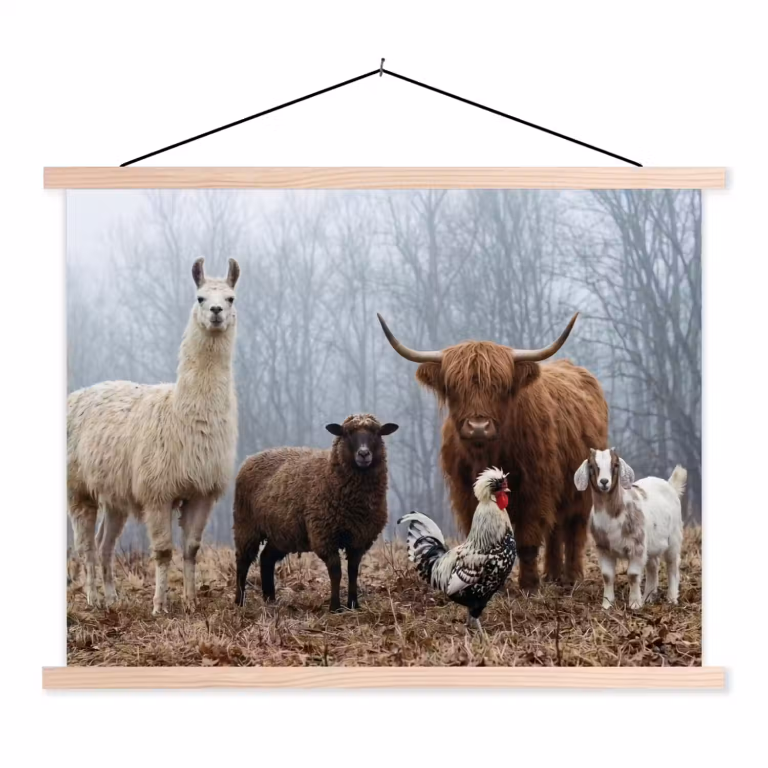 Boerderijdieren - Groep - Mist - Natuur - Rustiek textielposter latten blank klein -3d