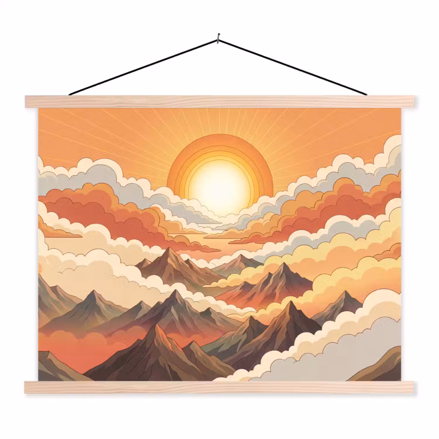 Bergen - Wolken - Natuur - Zonsopgang - Oranje textielposter latten blank klein -3d