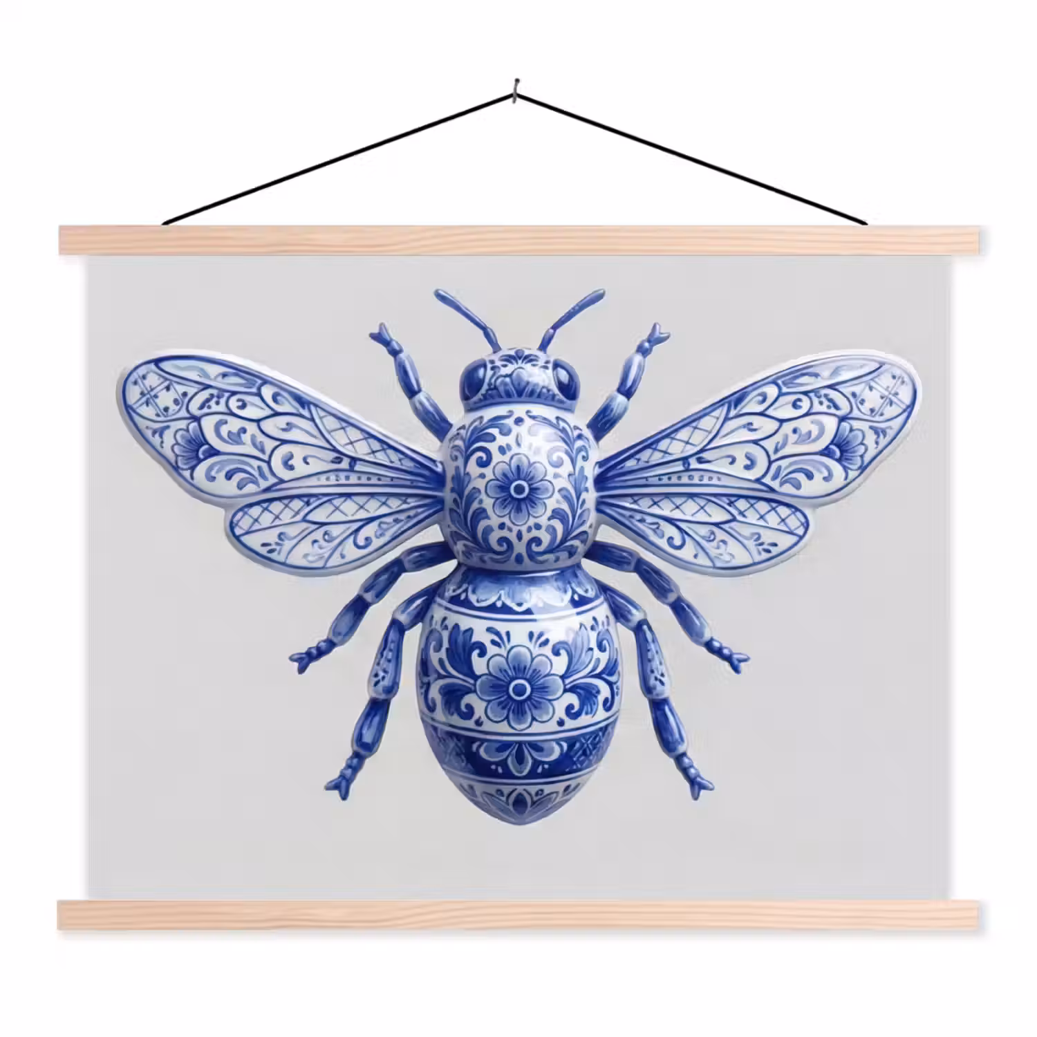 Bij - Modern - Delfts - Blauw textielposter latten blank klein -3d