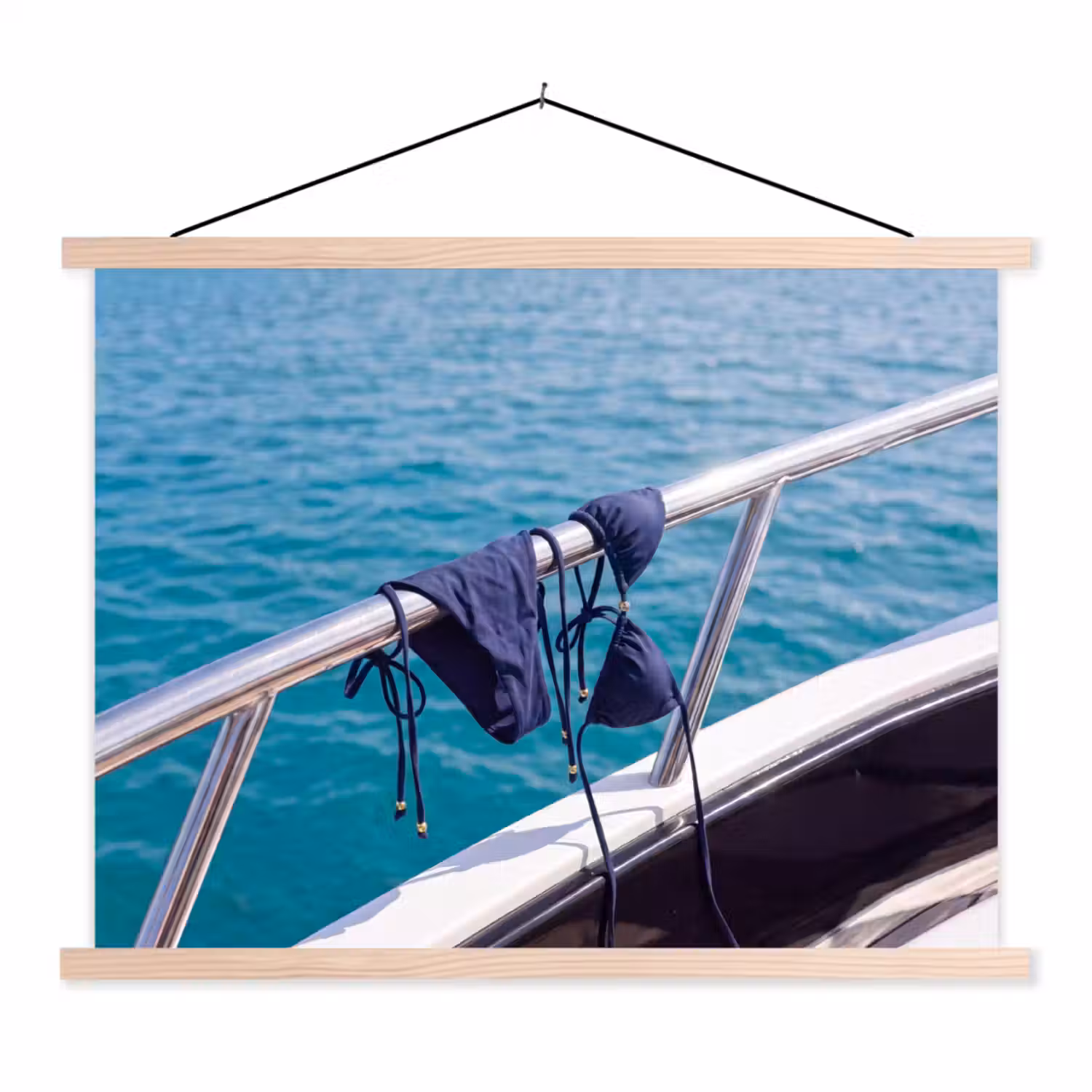 Bikini - Reling - Zee - Zomer - Blauw textielposter latten blank klein -3d
