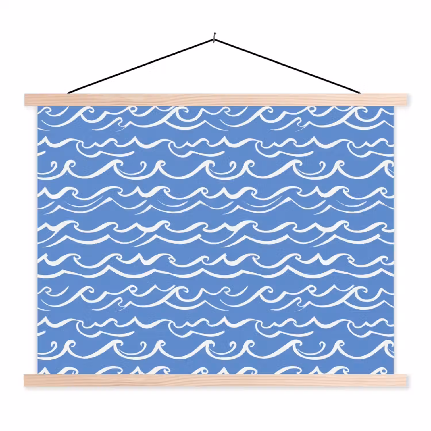 Blauw - Wit - Simpel - Getekend - Golven textielposter latten blank klein 122 -3d