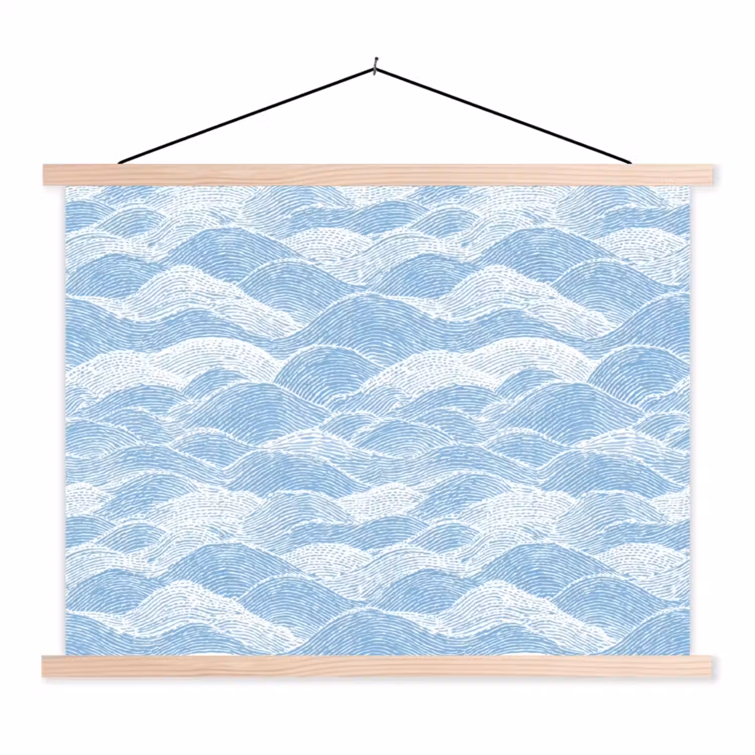 Blauw - Wit - Golven - Getekend textielposter latten blank klein 122 -3d