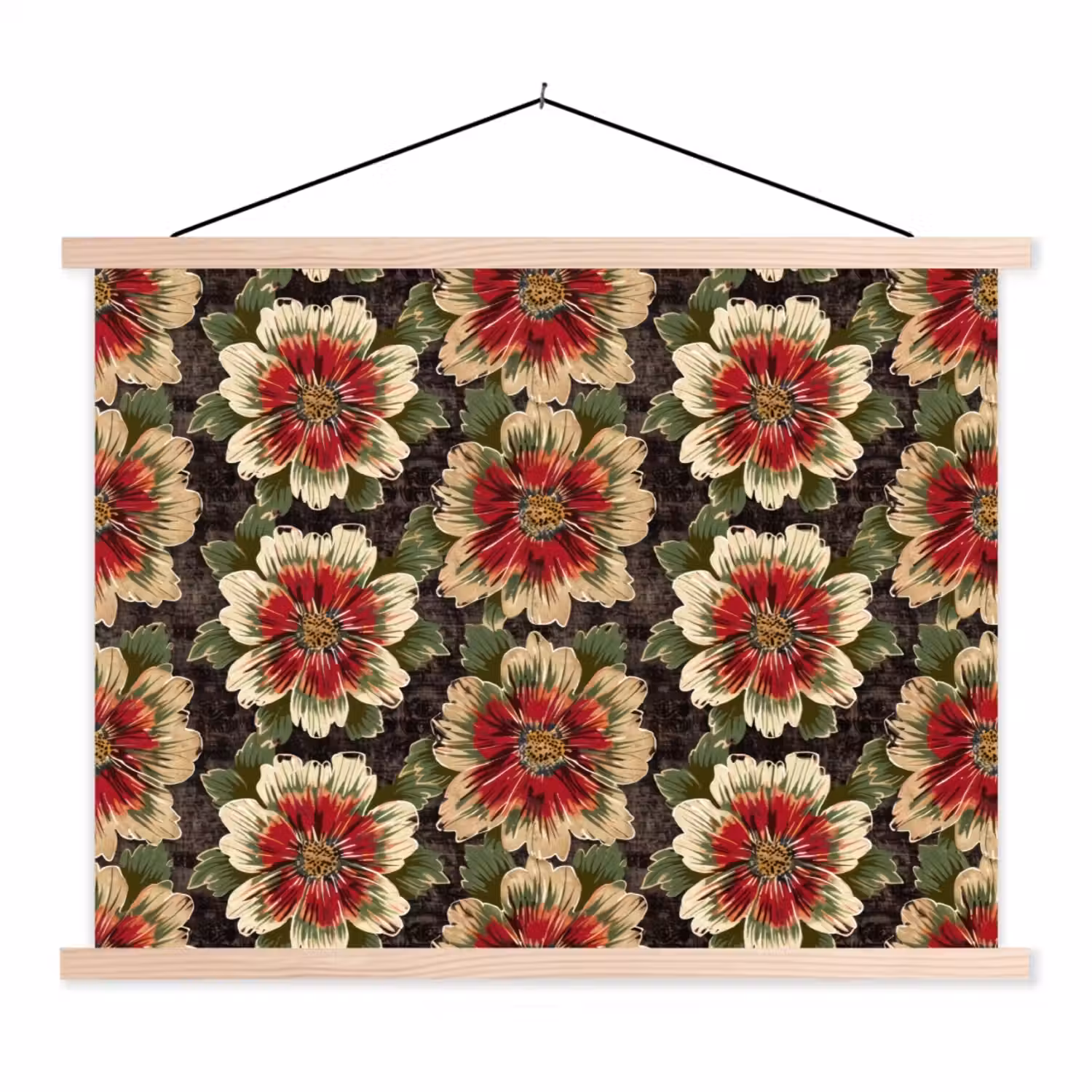 Bloemen - Klassiek - Patroon - Rood textielposter latten blank klein 122 -3d