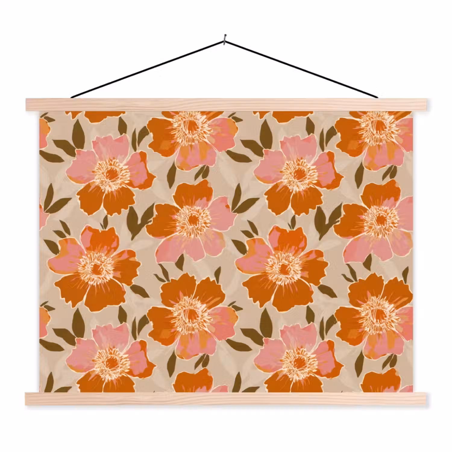Bloemen - Motief - Retro textielposter latten blank klein 122 -3d
