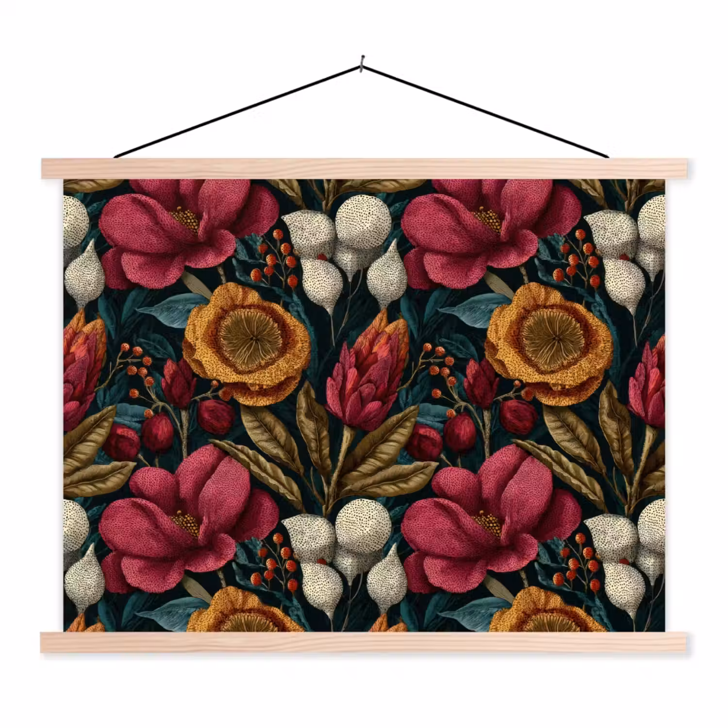 Bloemen - Patroon - Rood - Goud textielposter latten blank klein 122 -3d
