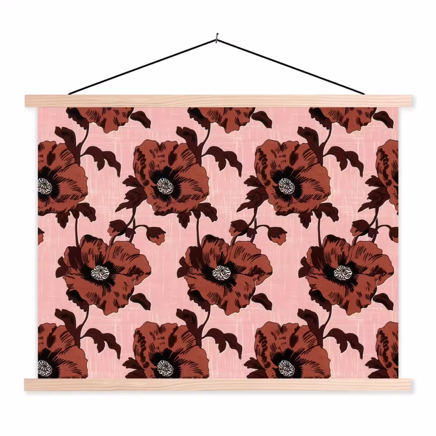 Bloemen - Retro - Rood textielposter latten blank klein 122 -3d