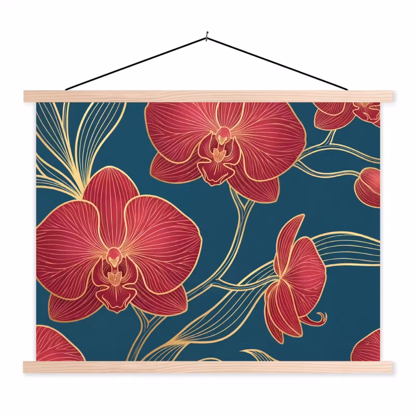 Stoffbild - Blumen – Rot – Gold - Bloemen - Rood - Goud textielposter latten blank klein