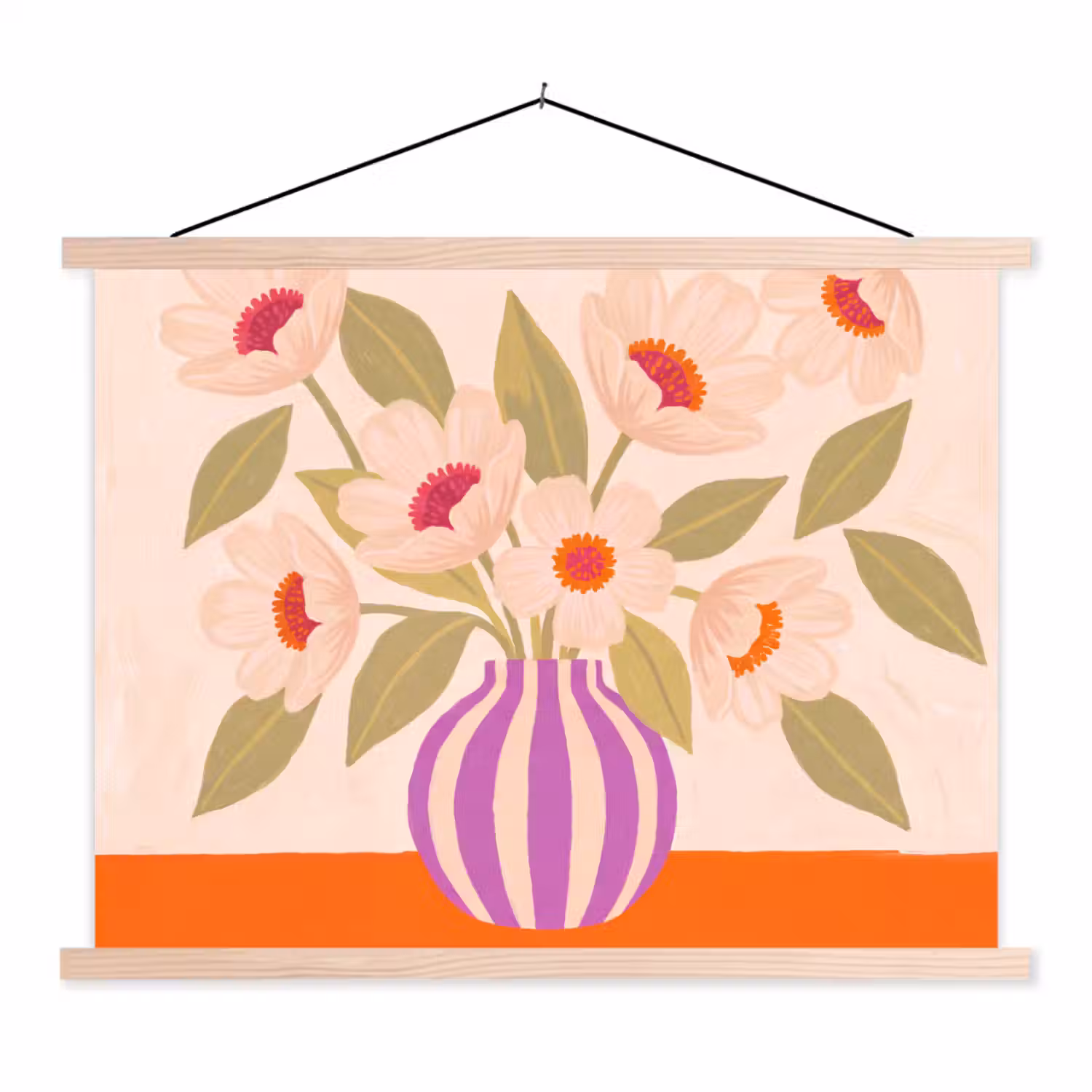 Bloemen - Vaas - Abstract - Paars - Oranje textielposter latten blank klein -3d