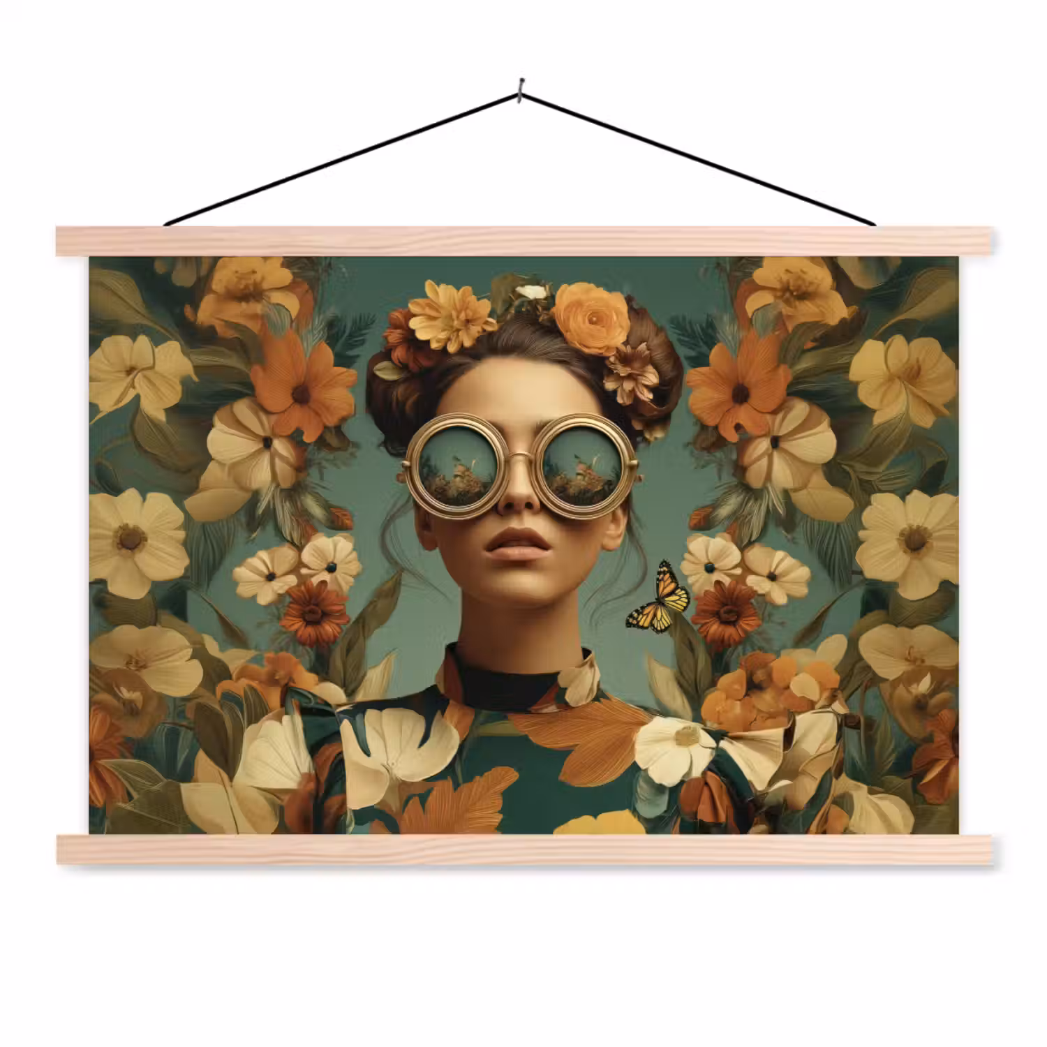Bloemenkrans - Vrouwengezicht - Zonnebril - Oranje textielposter latten blank klein -3d