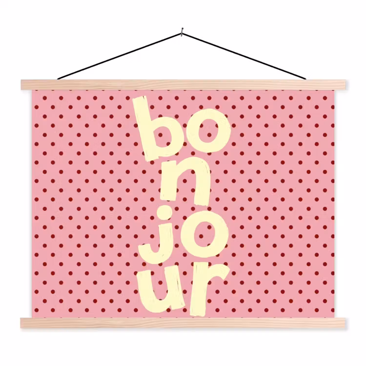 Bonjour - Stippen - Roze- Geel textielposter latten blank klein -3d