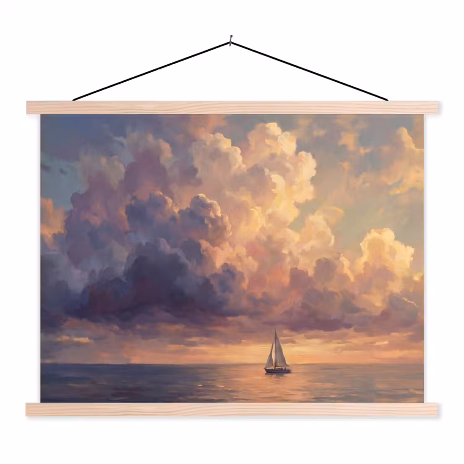Boot - Zonsondergang - Zee - Natuur - Goud textielposter latten blank klein -3d